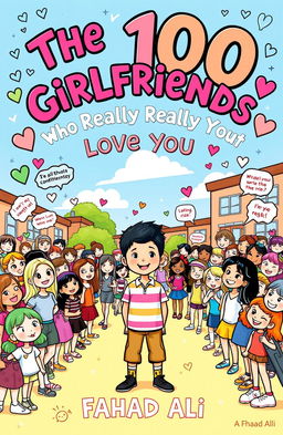 A whimsical book cover for the title 'The 100 Girlfriends Who Really Really Love You'