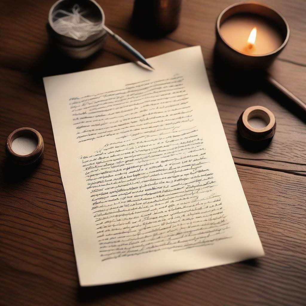 An intricately filled piece of paper, adorned with handwritten sentences, resting on a wooden desk