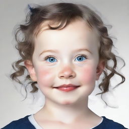 Generate an image of a 4-5 year old girl with a round, white face, blue eyes flecked with navy blue, wavy hair, and a distinct mole above her left eyebrow