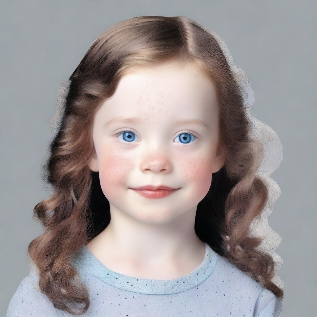 Generate an image of a 4-5 year old girl with a round, white face, blue eyes flecked with navy blue, wavy hair, and a distinct mole above her left eyebrow