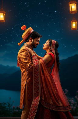 A dramatic and romantic scene inspired by the essence of the song 'Zehnaseeb', featuring a beautifully adorned couple deeply immersed in a dance under a starlit sky