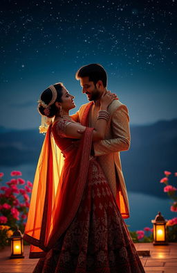 A dramatic and romantic scene inspired by the essence of the song 'Zehnaseeb', featuring a beautifully adorned couple deeply immersed in a dance under a starlit sky