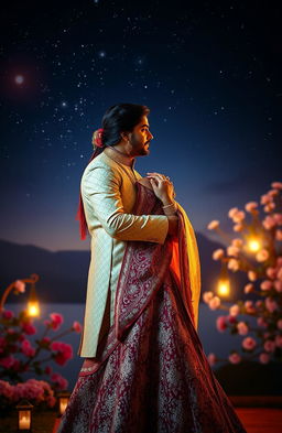 A dramatic and romantic scene inspired by the essence of the song 'Zehnaseeb', featuring a beautifully adorned couple deeply immersed in a dance under a starlit sky