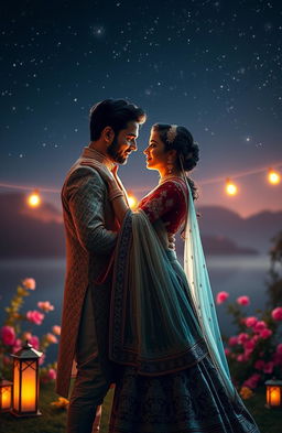 A dramatic and romantic scene inspired by the essence of the song 'Zehnaseeb', featuring a beautifully adorned couple deeply immersed in a dance under a starlit sky