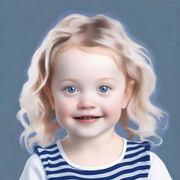 Generate an image of a 4-5 year old girl with a round, white face, blue eyes flecked with navy blue, wavy hair, and a distinct mole above her left eyebrow