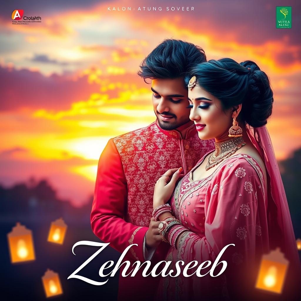 A captivating album cover for the song 'Zehnaseeb', featuring an artistic blend of romance and culture