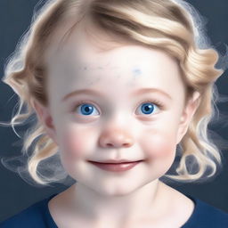 Generate an image of a 4-5 year old girl with a round, white face, blue eyes flecked with navy blue, wavy hair, and a distinct mole above her left eyebrow