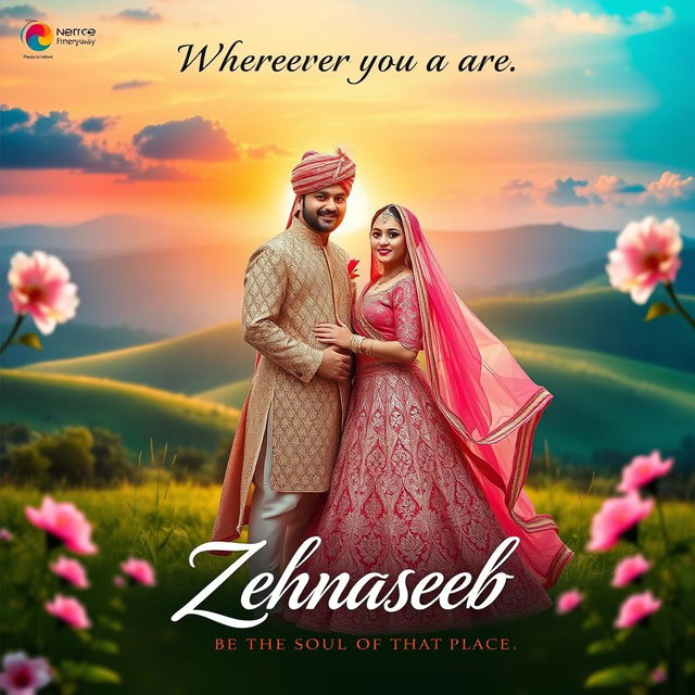 An enchanting album cover for the song 'Zehnaseeb', capturing the essence of love and belonging with the quote 'Wherever you are, be the soul of that place' integrated beautifully into the design