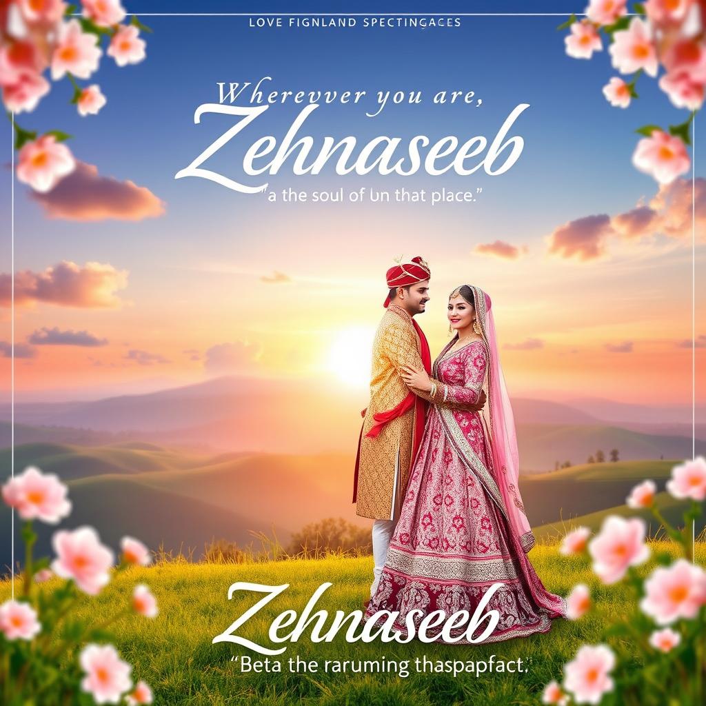 An enchanting album cover for the song 'Zehnaseeb', capturing the essence of love and belonging with the quote 'Wherever you are, be the soul of that place' integrated beautifully into the design