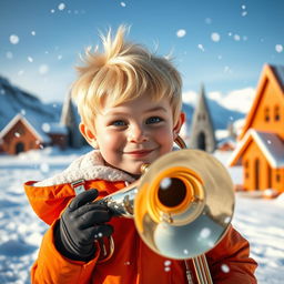 A close-up shot of a blonde boy with a mischievous smile, dressed in his iconic orange parka, holding a shiny trombone