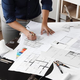 A professional interior designer at work, brainstorming ideas on blueprints and material samples spread out on a sleek, modern office desk, with well-designed, stylish furniture in the background.