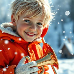 A close-up shot of a blonde boy with a mischievous smile, dressed in his iconic orange parka, holding a shiny trombone