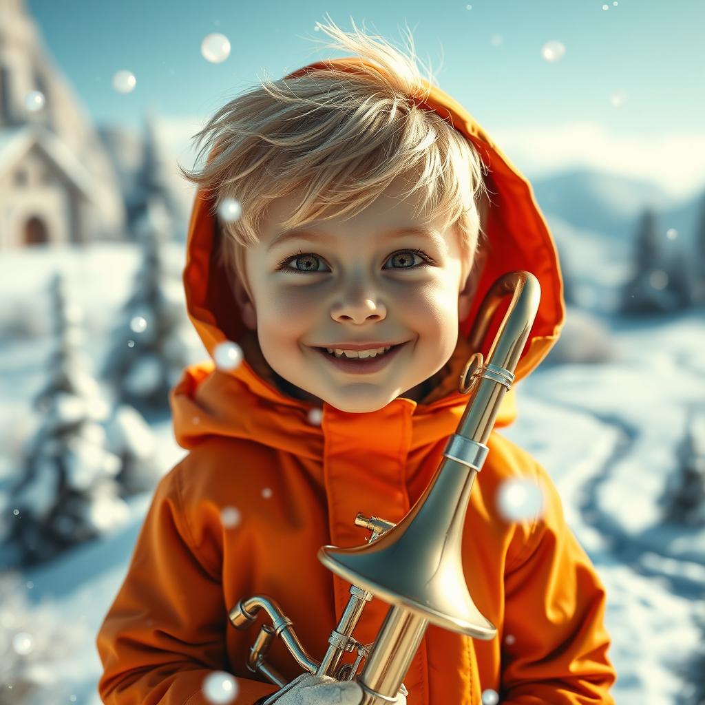 A close-up shot of a blonde boy with a mischievous smile, dressed in his iconic orange parka, holding a shiny trombone