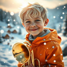 A close-up shot of a blonde boy with a mischievous smile, dressed in his iconic orange parka, holding a shiny trombone