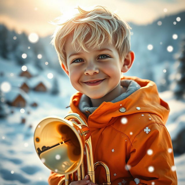 A close-up shot of a blonde boy with a mischievous smile, dressed in his iconic orange parka, holding a shiny trombone