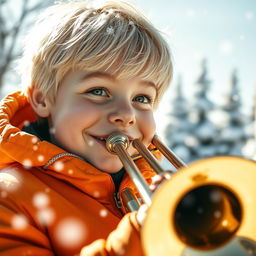 A close-up shot of a blonde boy with a mischievous smile, wearing his signature orange parka, playing a shiny trombone