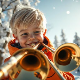 A close-up shot of a blonde boy with a mischievous smile, wearing his signature orange parka, playing a shiny trombone