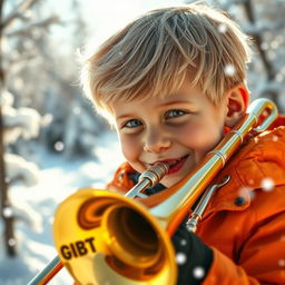 A close-up shot of a blonde boy with a mischievous smile, wearing his signature orange parka, playing a shiny trombone