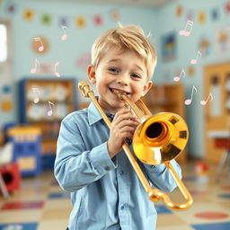 A cheerful boy with short blonde hair wearing a light blue shirt and black pants, joyfully playing a trombone