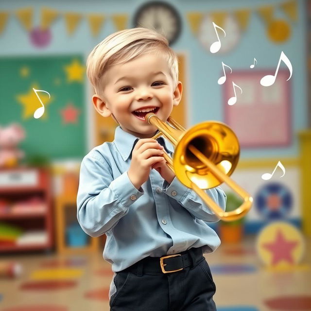 A cheerful boy with short blonde hair wearing a light blue shirt and black pants, joyfully playing a trombone