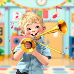 A cheerful boy with short blonde hair wearing a light blue shirt and black pants, joyfully playing a trombone