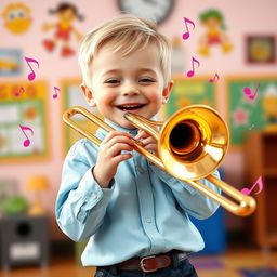 A cheerful boy with short blonde hair wearing a light blue shirt and black pants, joyfully playing a trombone