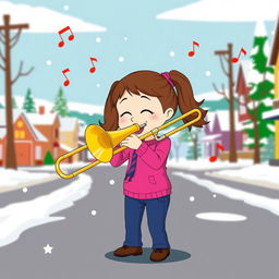 A young girl with long brown hair in pigtails, wearing a bright pink shirt and blue jeans, enthusiastically playing a trombone