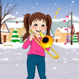 A young girl with long brown hair in pigtails, wearing a bright pink shirt and blue jeans, enthusiastically playing a trombone