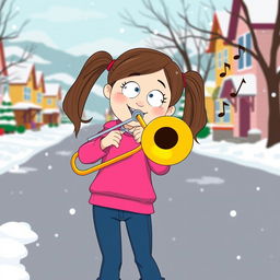 A young girl with long brown hair in pigtails, wearing a bright pink shirt and blue jeans, enthusiastically playing a trombone