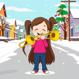 A young girl with long brown hair in pigtails, wearing a bright pink shirt and blue jeans, enthusiastically playing a trombone