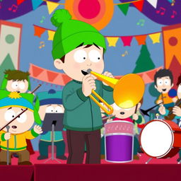 A vibrant orchestra scene set in South Park, featuring a group of young cartoon characters each with distinct personalities