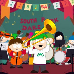 A vibrant orchestra scene set in South Park, featuring a group of young cartoon characters each with distinct personalities