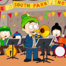 A vibrant orchestra scene set in South Park, featuring a group of young cartoon characters each with distinct personalities