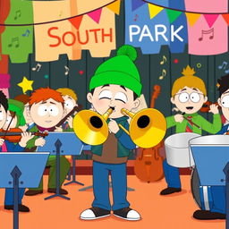 A vibrant orchestra scene set in South Park, featuring a group of young cartoon characters each with distinct personalities