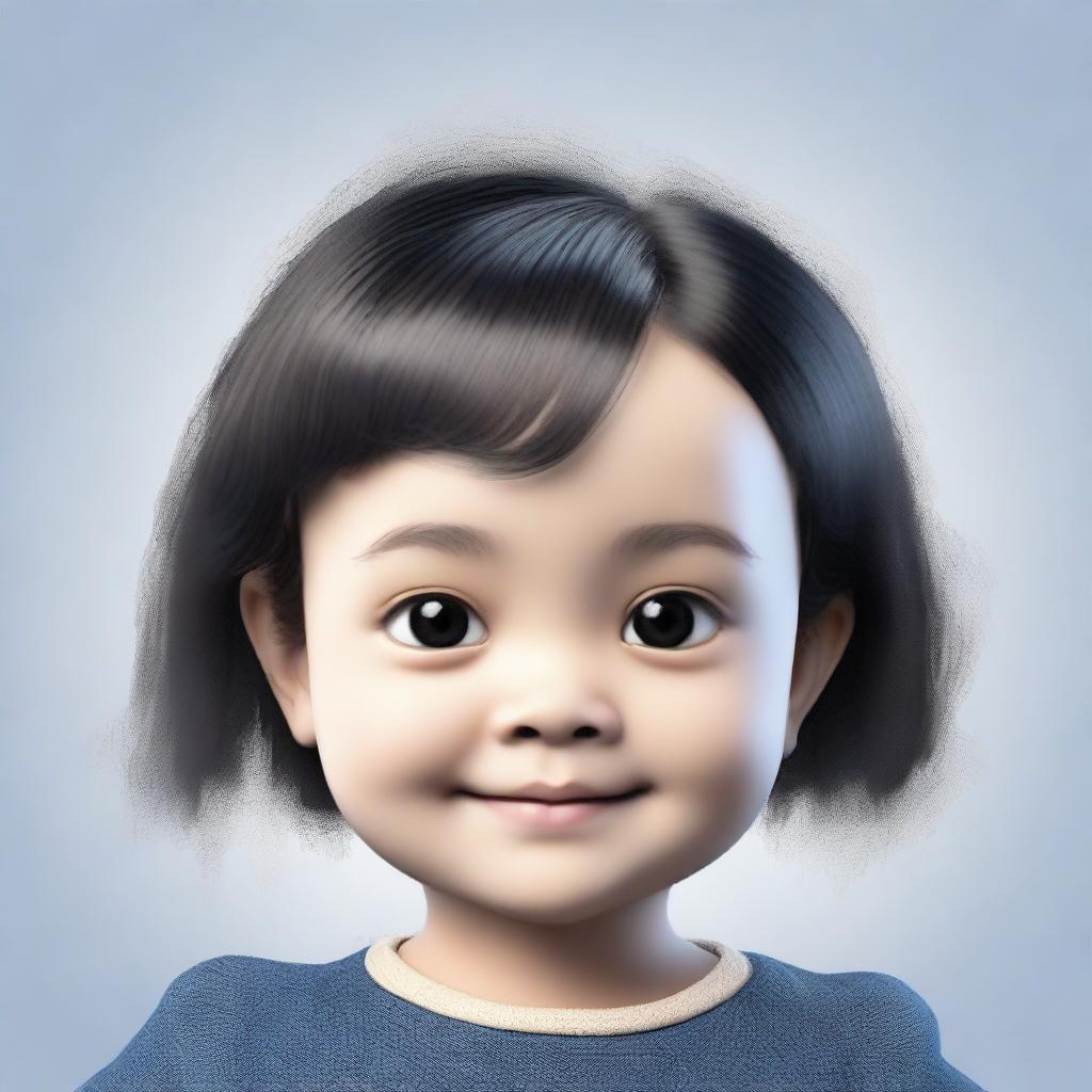 Generate an image of a 4-5 year old girl with a round, corn-coloured face, dark blue eyes with navy blue flecks, short wavy black hair, a small nose, and a mole above her left eyebrow