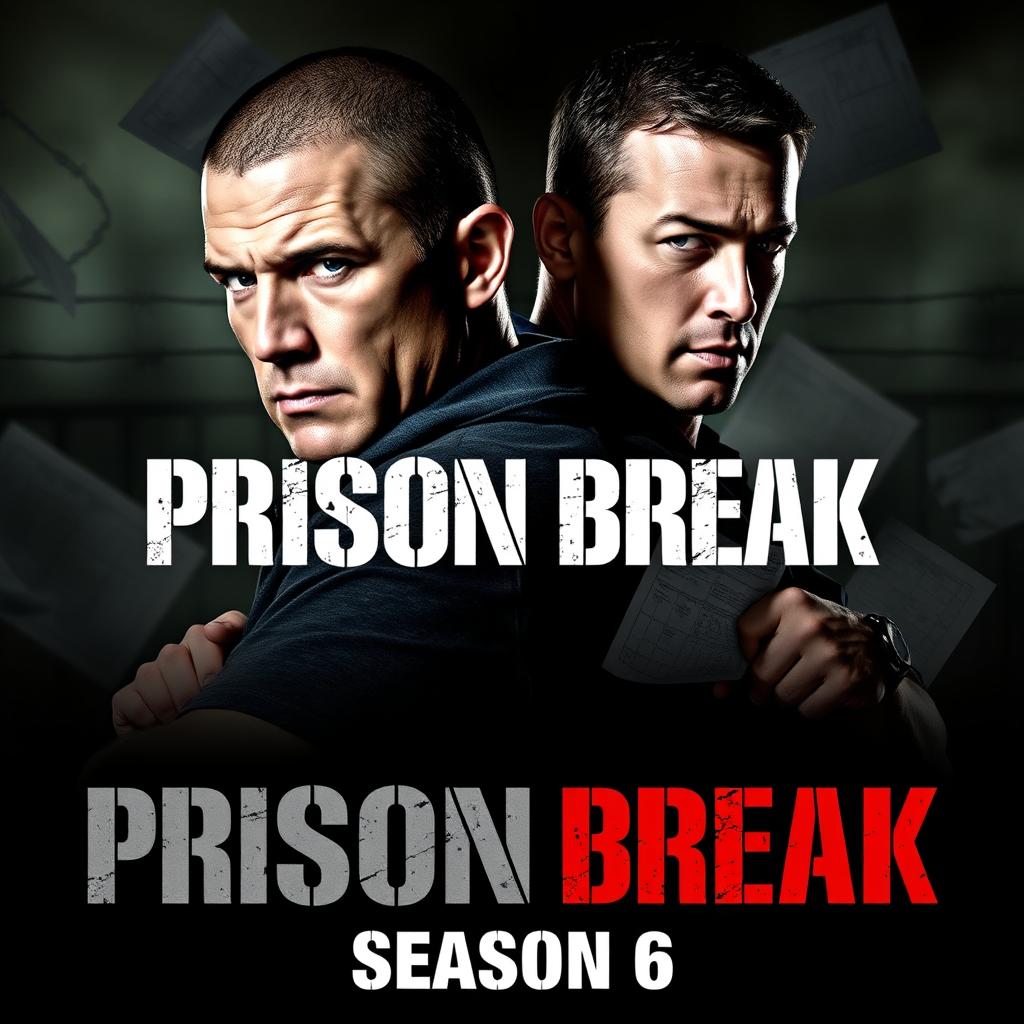 A dramatic teaser poster for 'Prison Break Season 6', featuring the iconic duo of Wentworth Miller as Michael Scofield and Dominic Purcell as Lincoln Burrows