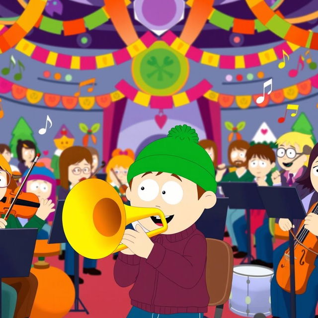 An animated scene featuring an orchestra of South Park characters in a colorful, vibrant setting