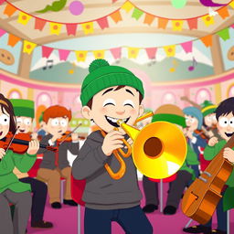 An animated scene featuring an orchestra of South Park characters in a colorful, vibrant setting