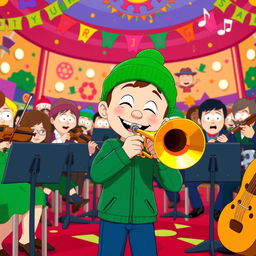 An animated scene featuring an orchestra of South Park characters in a colorful, vibrant setting