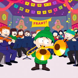 An animated scene featuring an orchestra of South Park characters in a colorful, vibrant setting