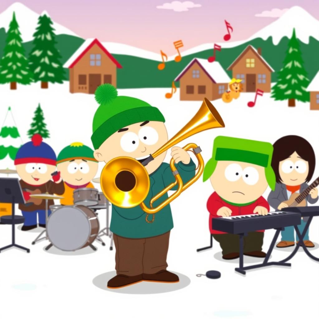 A lively scene of South Park characters gathered for a fun music jam