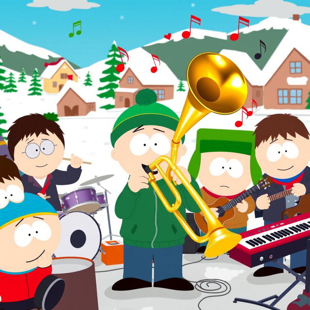 A lively scene of South Park characters gathered for a fun music jam