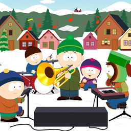 A lively scene of South Park characters gathered for a fun music jam