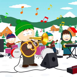 A lively scene of South Park characters gathered for a fun music jam