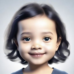 Generate an image of a 4-5 year old girl with a round, corn-coloured face, dark blue eyes with navy blue flecks, short wavy black hair, a small nose, and a mole above her left eyebrow