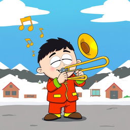 A cartoon character inspired by South Park, mischievous in appearance, energetically playing a trombone