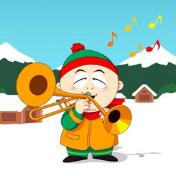 A cartoon character inspired by South Park, mischievous in appearance, energetically playing a trombone