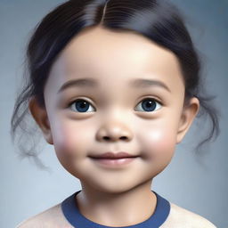 Generate an image of a 4-5 year old girl with a round, corn-coloured face, dark blue eyes with navy blue flecks, short wavy black hair, a small nose, and a mole above her left eyebrow