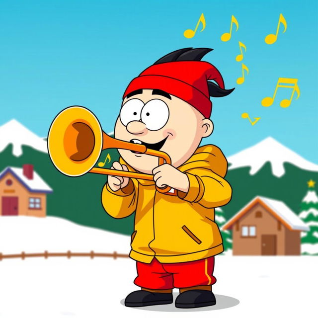 A cartoon character inspired by South Park, mischievous in appearance, energetically playing a trombone