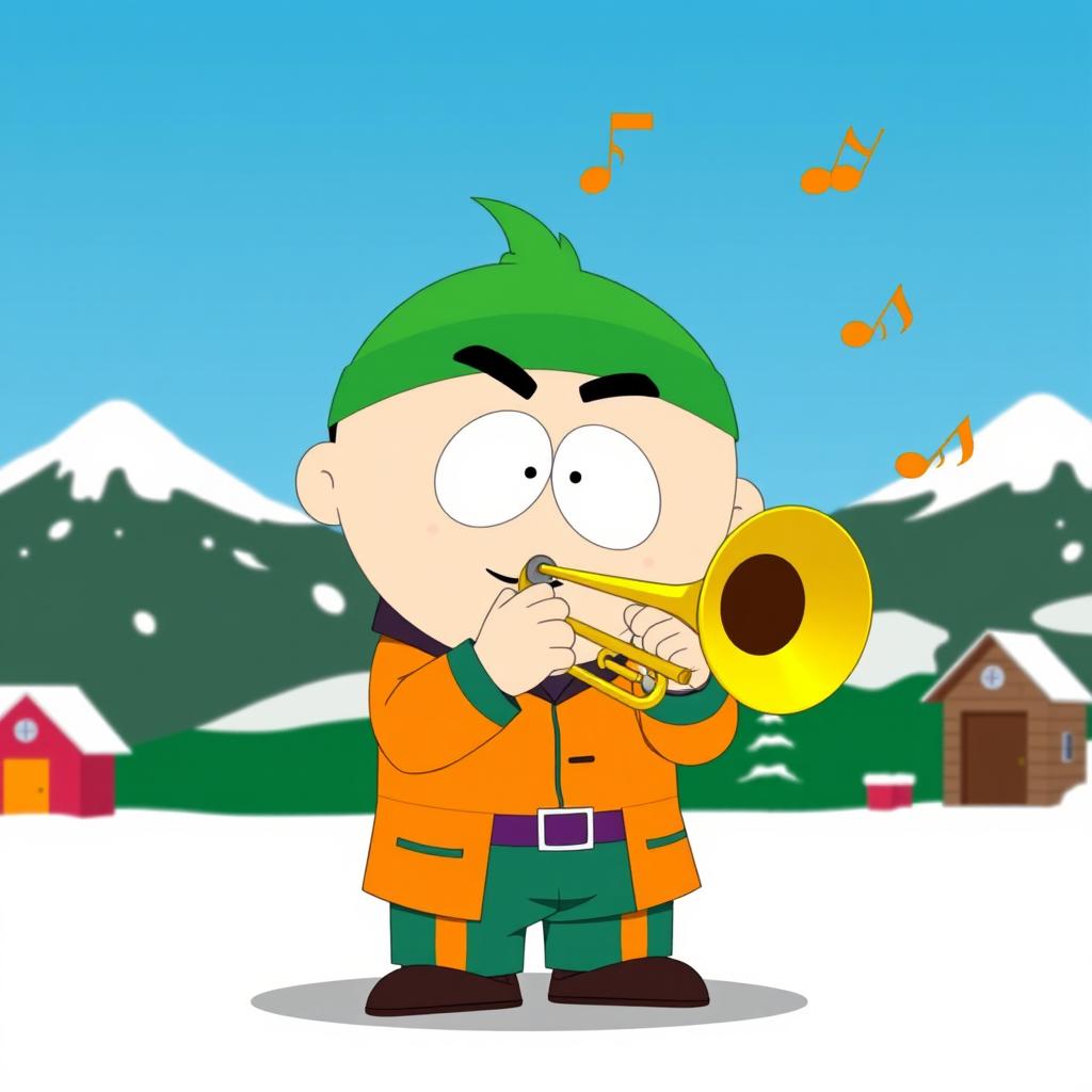 A cartoon character inspired by South Park, mischievous in appearance, energetically playing a trombone